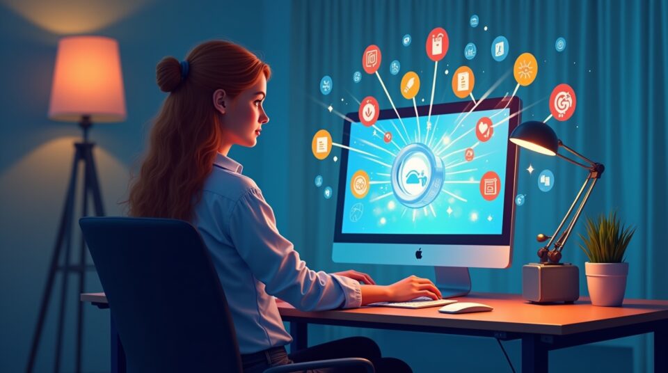 Personne utilisant Google avec des symboles de mémoire s'élevant de l'écran