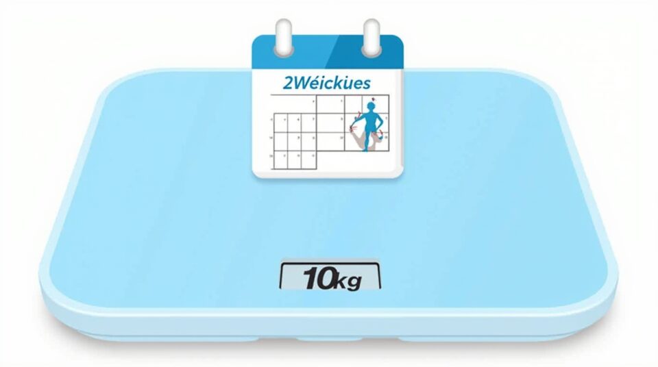 Balance indiquant 10 kg, calendrier de deux semaines, silhouette affinée