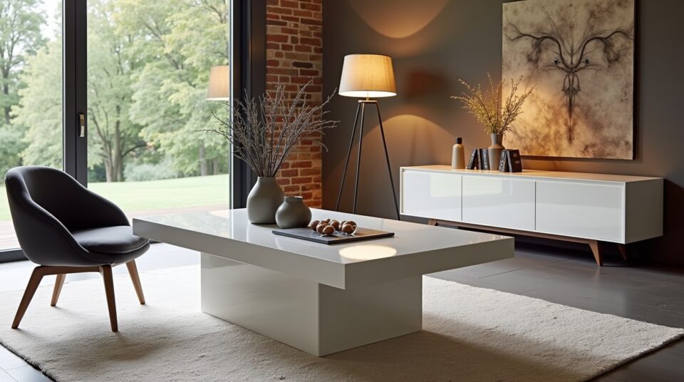 Table basse design branchée et sophistiquée, mise en avant dans un décor rustique