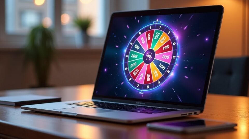 Roue de fortune numérique sur écran d'ordinateur avec logo Google Spinner en arrière-plan