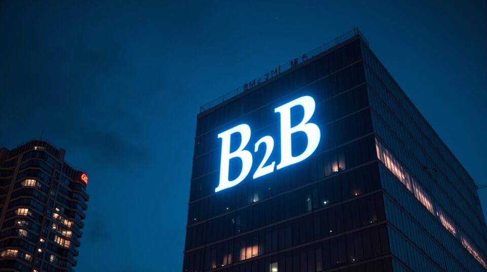 Gratte-ciel avec 'B2B' illuminé, représentant le blog business b2btoday.