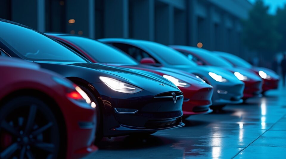 Voitures Tesla en rang sous lumières LED, arrière-plan futuriste, logo 'blog Tesla'.