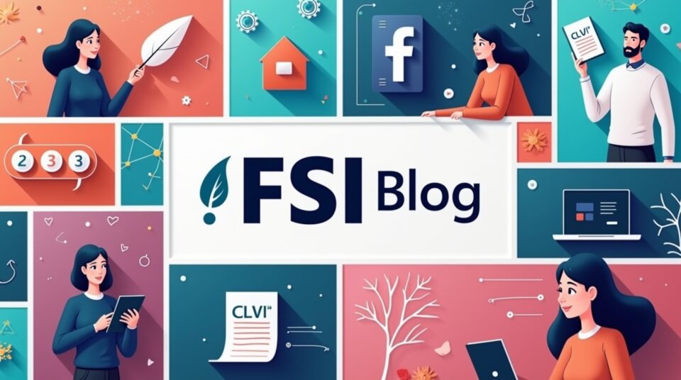 Façade avec logo FSI Blog, plume, blog ouvert et icônes de réseaux sociaux
