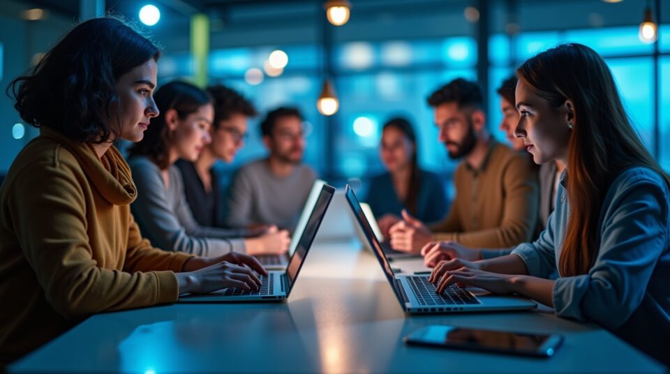 Groupe diversifié interagissant avec la technologie, symbolisant l'innovation et le blogging