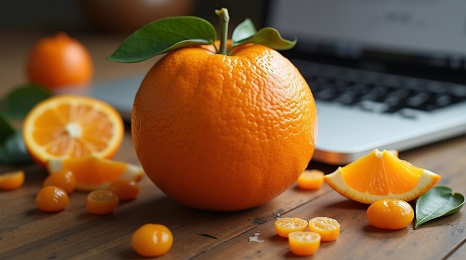 Orangette en gros plan avec un blog ouvert en arrière-plan flou.