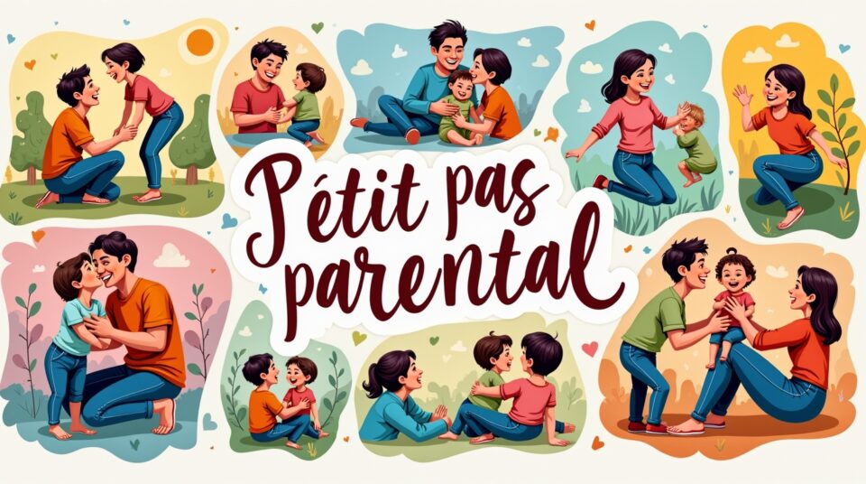 Mosaïque colorée représentant diverses étapes de la parentalité, avec le titre 'Petit Pas Parental'