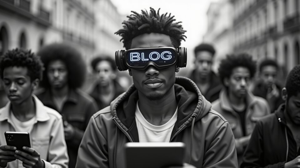 Technovateur en couleur tenant un appareil futuriste, entouré de personnes en noir et blanc intéragissant avec la technologie