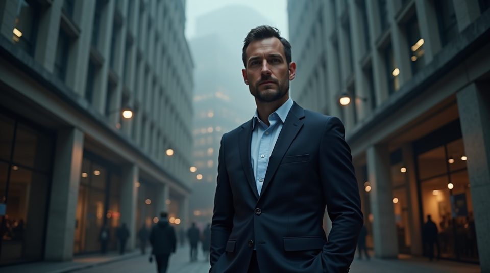 Image d'Alexandre Brugère devant un bâtiment moderne, symbolisant sa réussite entrepreneuriale