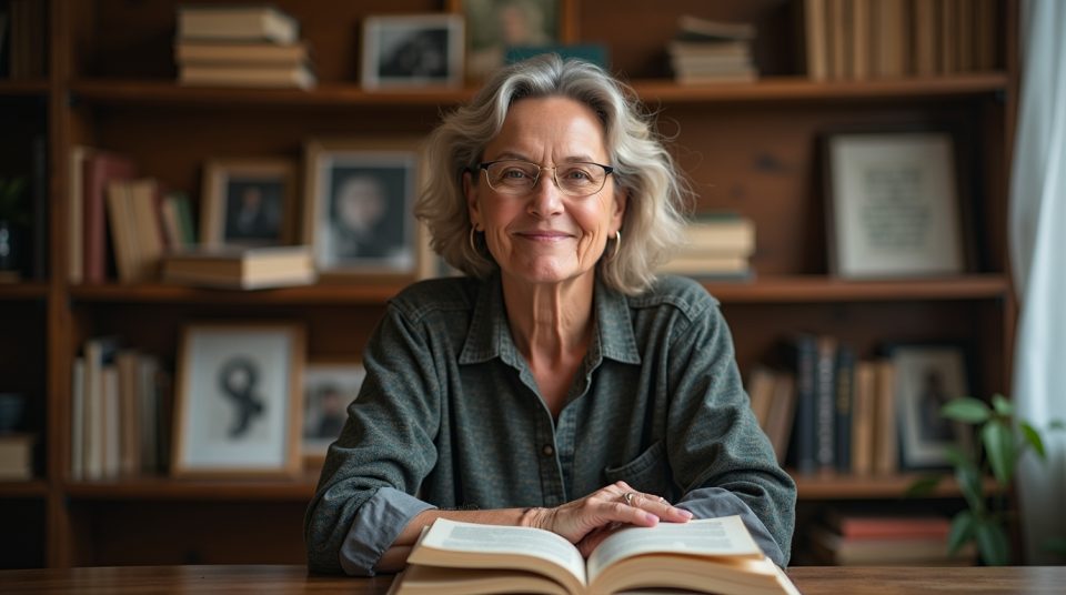 Portrait d'Alla Poedie avec livre ouvert, symbolisant son parcours et ses contributions.