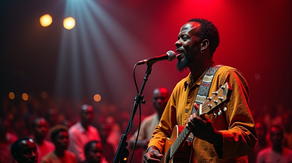 Portrait d'Alpha Yaya Diallo, musicien guinéen, en performance avec instruments traditionnels.