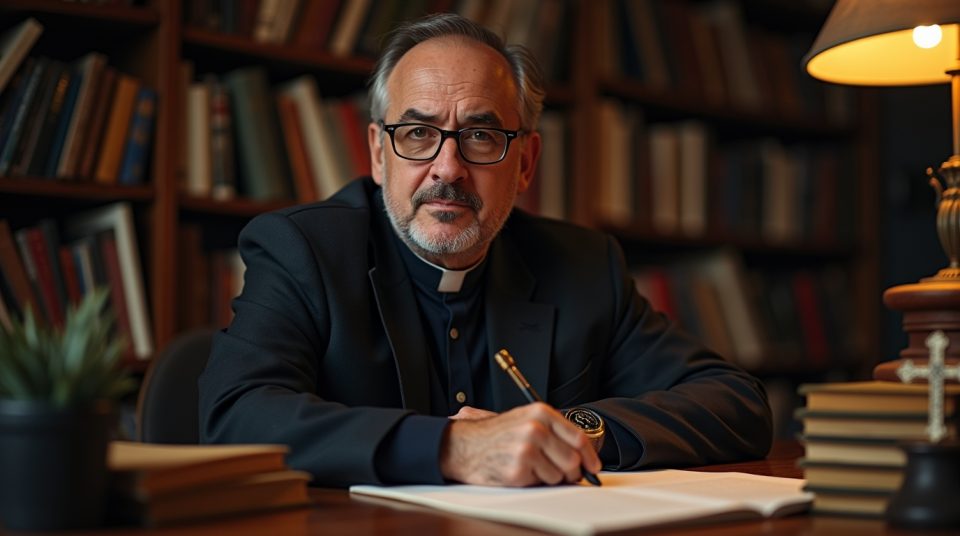 Portrait d'Aymeric Pourbaix, journaliste catholique, devant sa bibliothèque, symbolisant sa carrière