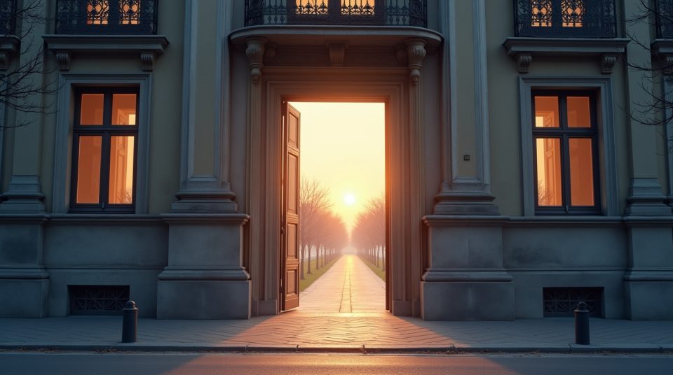 Façade ministère avec portrait Camille Chaize et parcours symbolisé