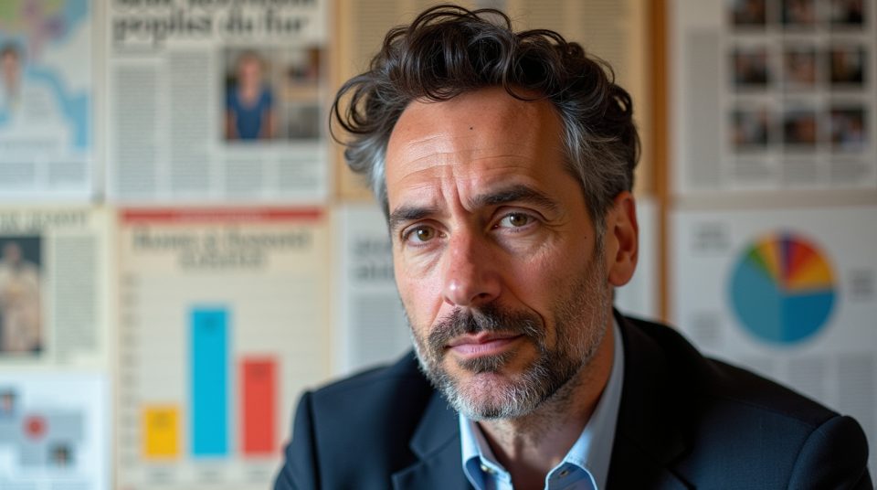 Portrait de Clément Garin, superposition de journaux et graphiques