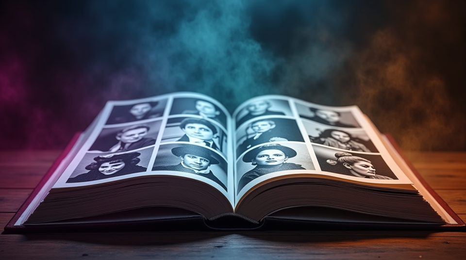 Livre ouvert illustrant des photos noir et blanc de célébrités, symbole de leurs biographies et actualités