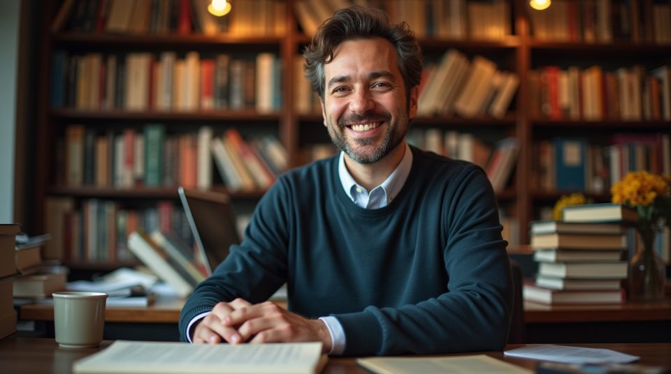 Portrait de Guillaume Porteu, reflet de son parcours, avec bibliothèque et éléments technologiques.