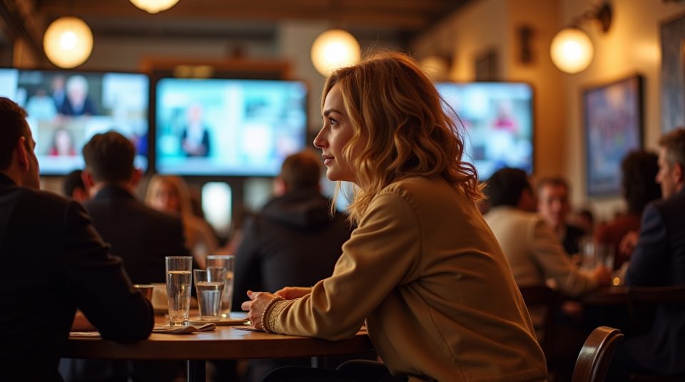 Lucile Devillers, journaliste multi-chaînes, discutant d'actualité et société dans un café moderne.
