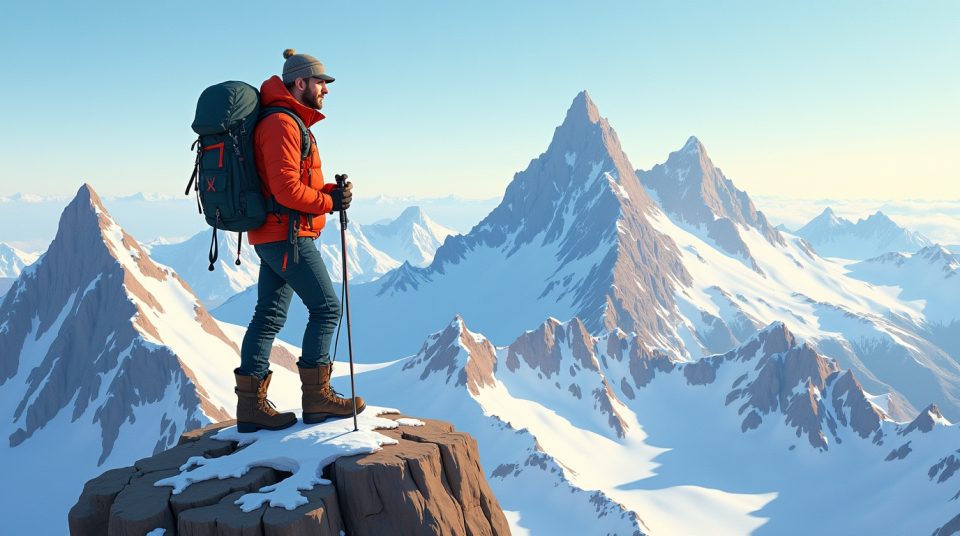 Mathis Dumas sur un sommet, biographie en arrière-plan, Alpes françaises à l'horizon