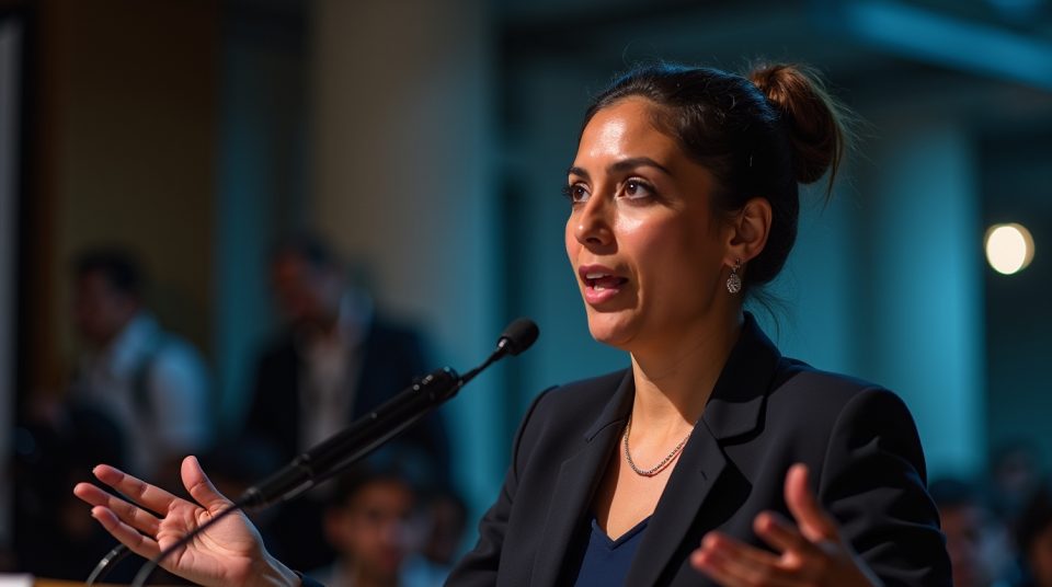 Portrait de Mayada Boulos, communicante politique, lors d'une conférence, capturant son engagement et sa passion.