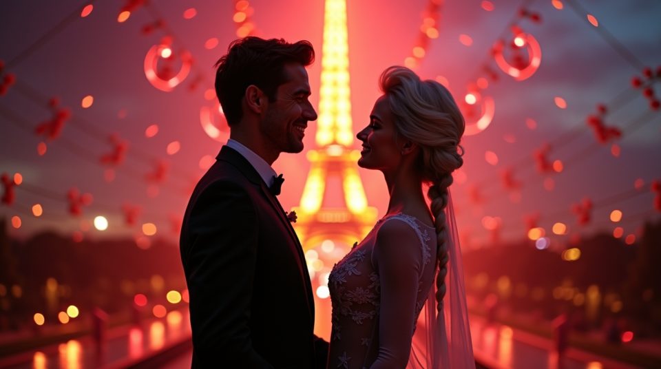 Portrait de Michou et Elsa devant la Tour Eiffel, symbolisant leur amour et leur histoire