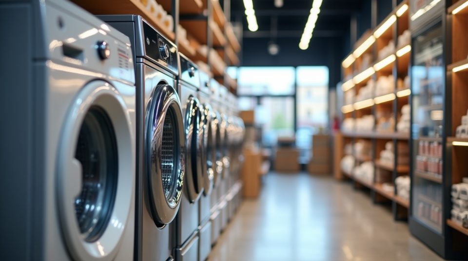 Machine à laver en magasin Boulanger, logo et titre de l'article incitatif