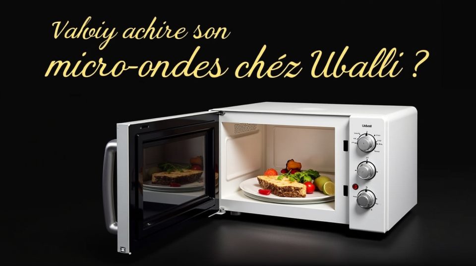 Micro-ondes moderne avec plats savoureux, logo Ubaldi en fond