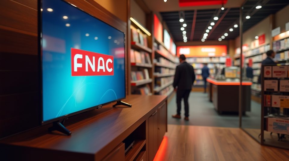 Téléviseur dernier cri en magasin Fnac, avec logo Fnac à l'écran