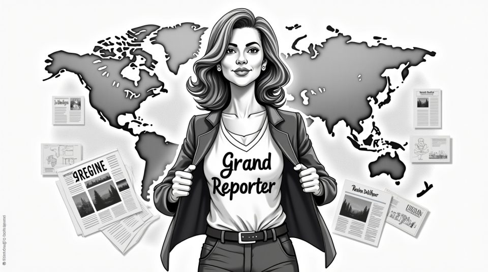 Illustration de Régine Delfour, grand reporter française, avec des éléments iconiques de sa carrière