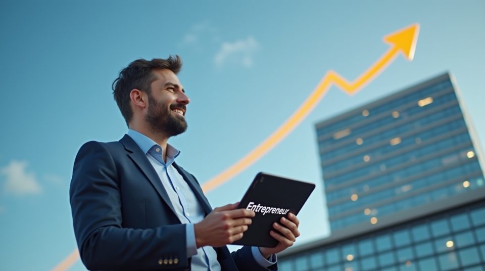 Stanislas Gruau, entrepreneur français moderniste, envisageant un avenir entrepreneurial sur sa tablette, devant une startup.