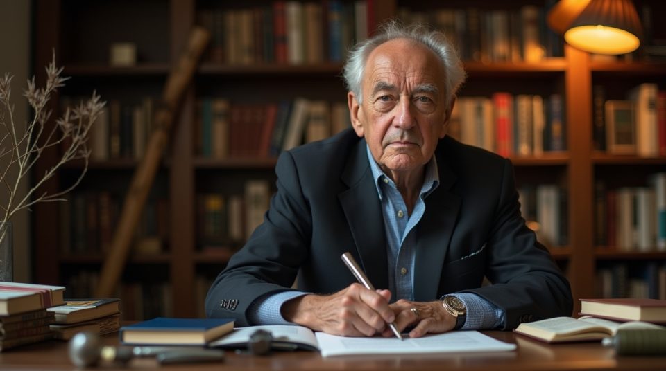 Portrait de Sylvain Levy entouré de livres, symbolisant sa biographie et carrière.