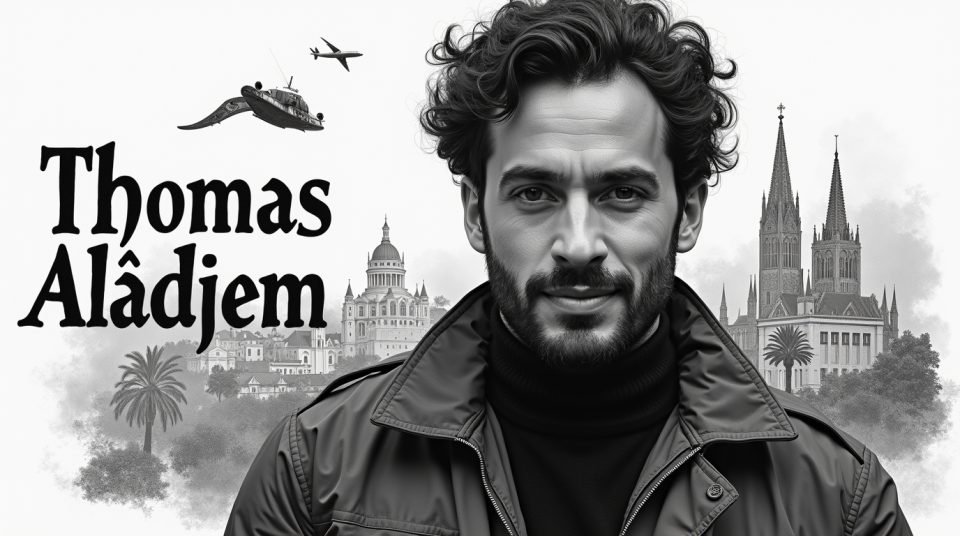 Portrait en noir et blanc de Thomas Aladjem avec des moments de sa carrière en arrière-plan