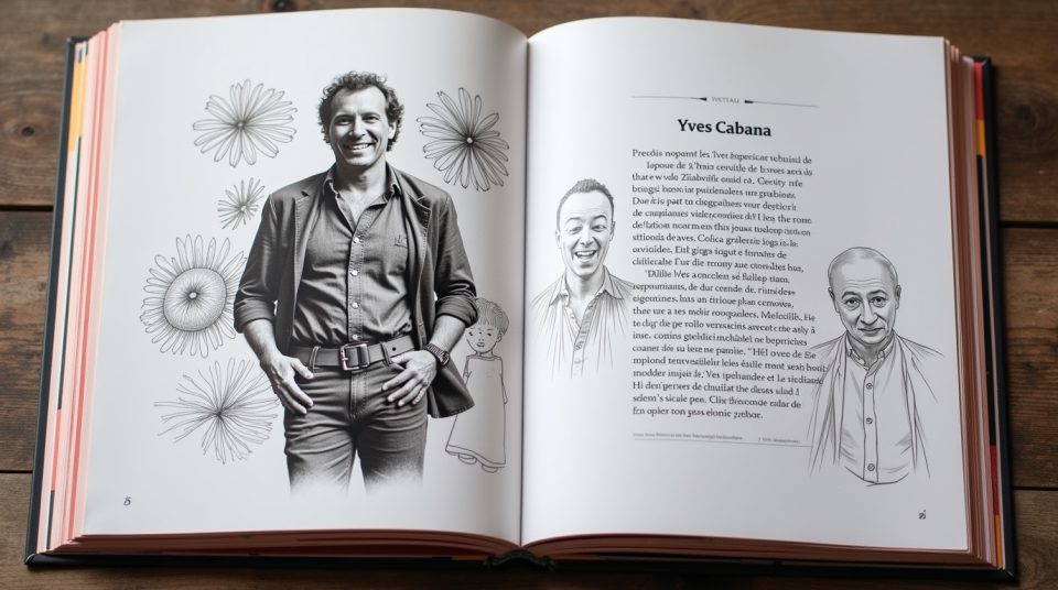 Livre ouvert montrant le portrait d'Yves Cabana et sa carrière