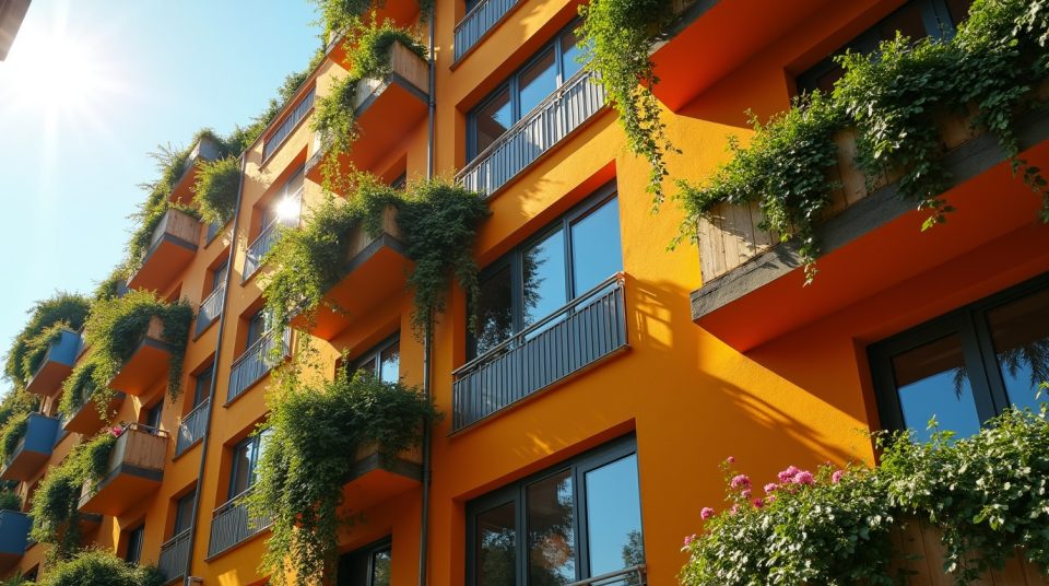 Façade moderne vibrante avec plantes grimpantes et Elodie Vandenhende contemplant son espace.